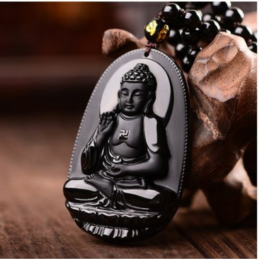 Buddha mintás nyaklánc obszidiánból