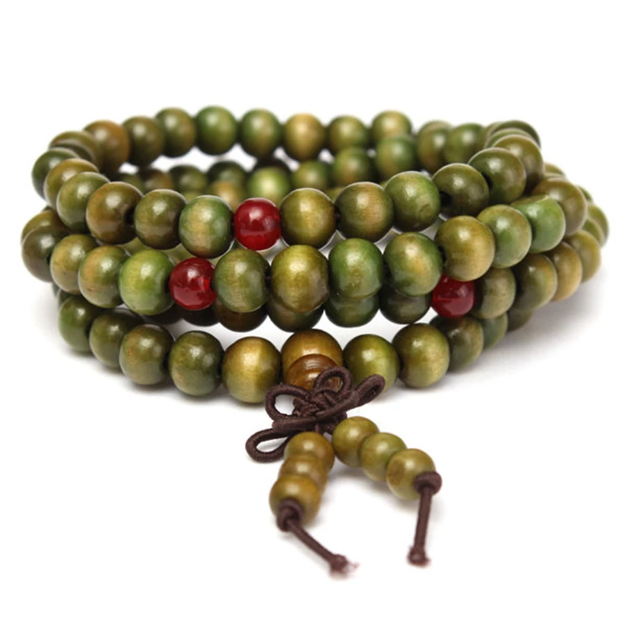 108 szemes fa zöld mala piros osztóval karkötő