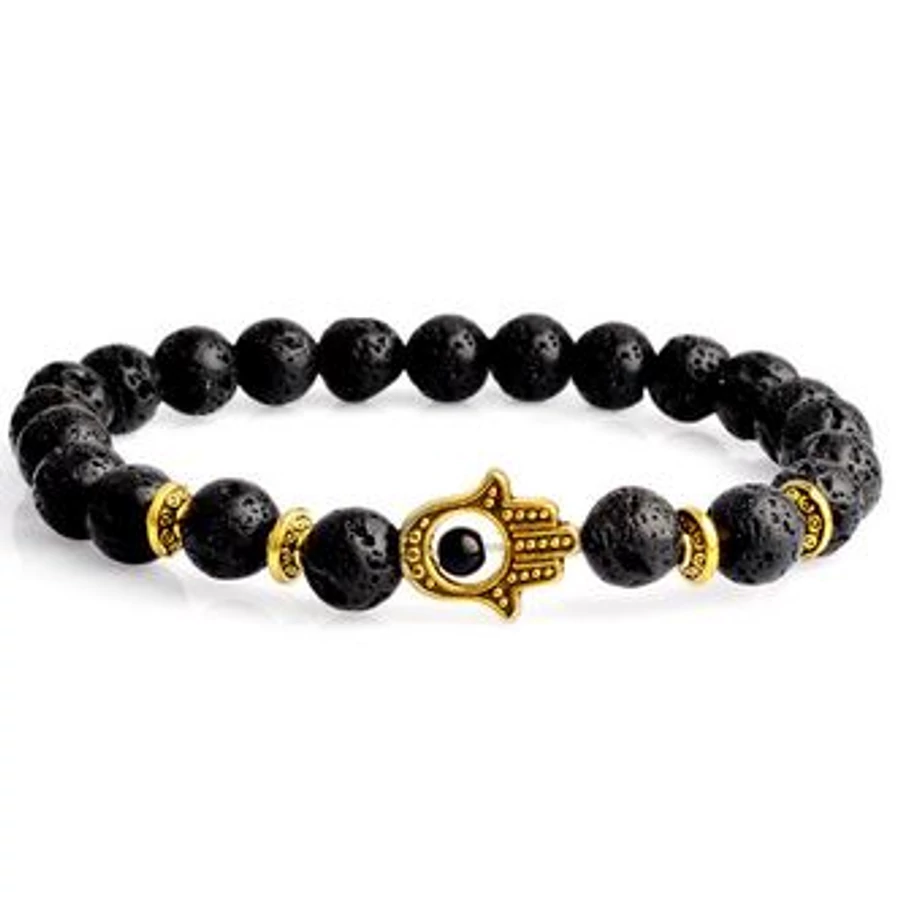 Fatima keze arany színű medállal, fekete matt gyöngy karkötő