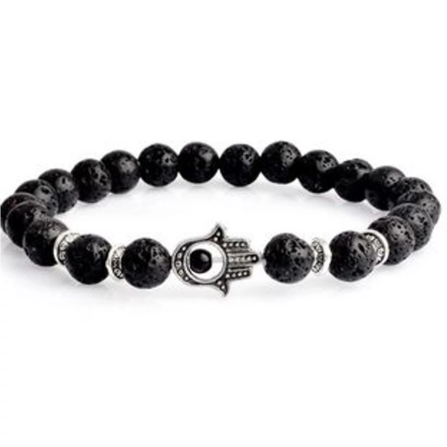 Fatima keze ezüst színű medállal, fekete matt gyöngy karkötő