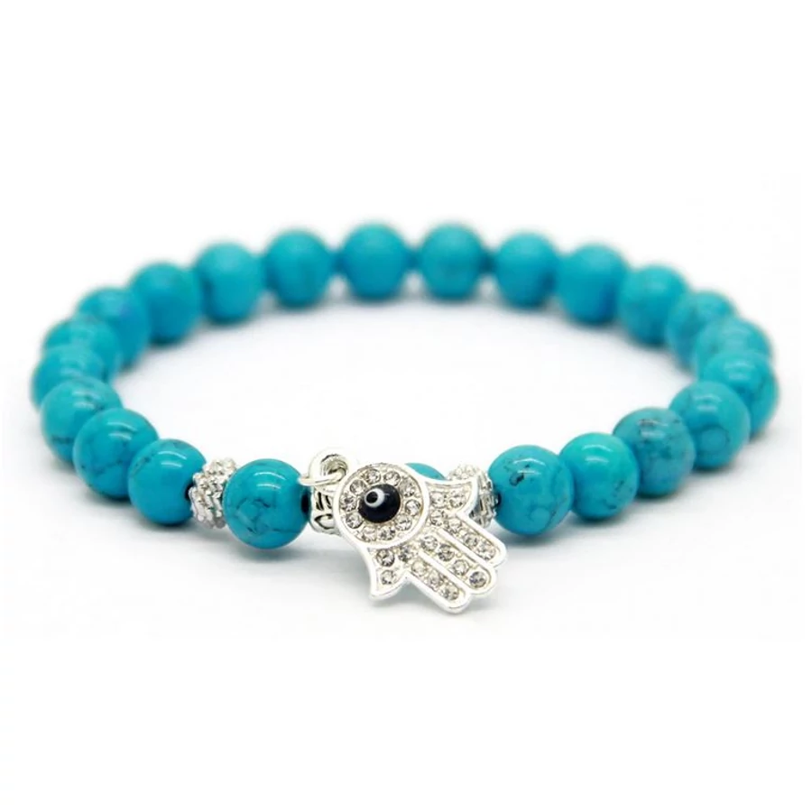 Fatima keze ezüst színű medállal, türkiz színű gyöngy karkötő