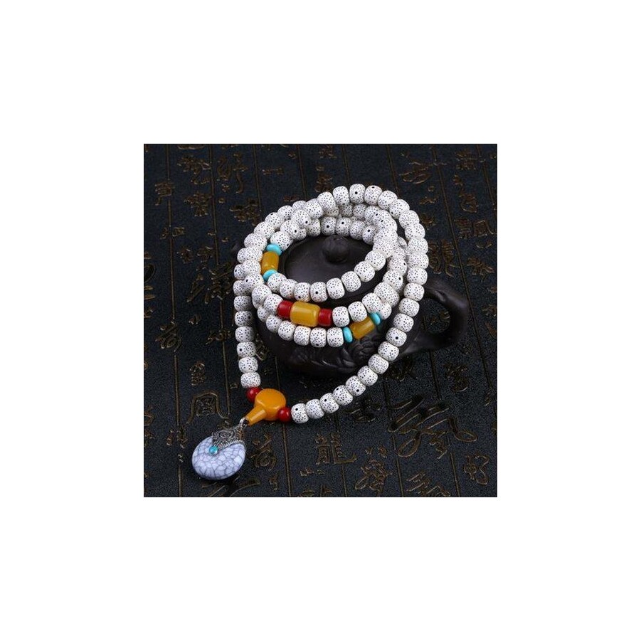 Fehér medálos tibeti buddhista mala 108 szemes karkötő/nyaklánc