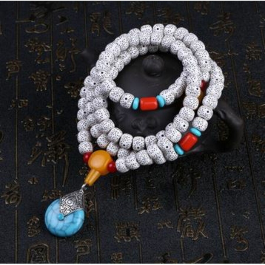 Türkiz medálos tibeti buddhista mala 108 szemes karkötő/nyaklánc